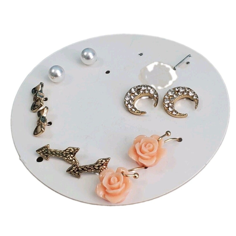 Fashion Earring Set Lot of 6 Pairs Studs Hoops Crescent Moon Rose Arrow Bow